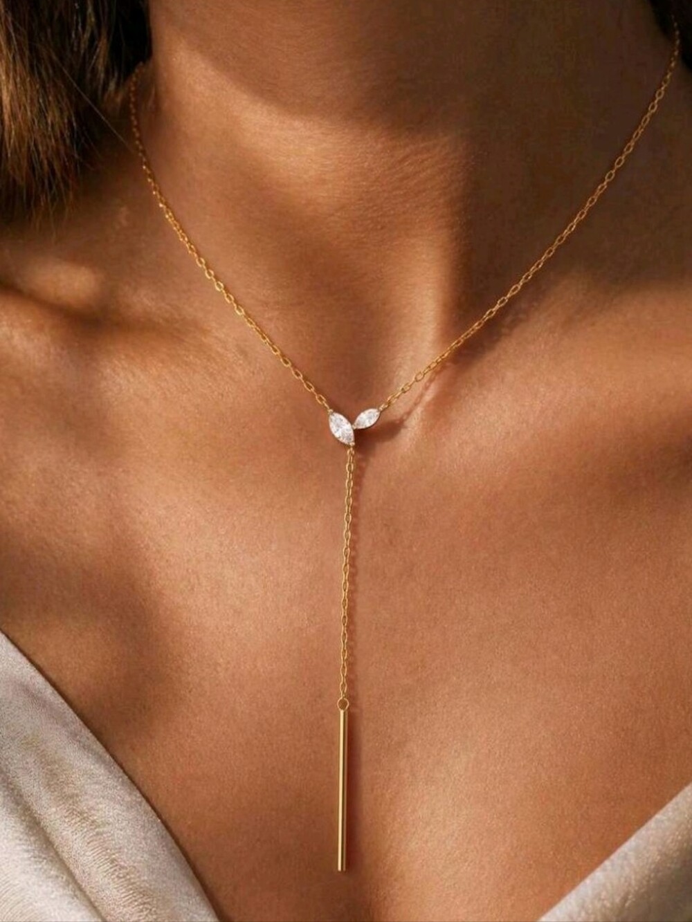 NEW! 14K Gold Plated Delicate Marquise- Cut Sparkly CZ Bar Drop Lariat Necklace